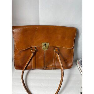 Patricia Nash Tan Leather Satchel Bag With Brass Lock & Dual Handles Spacious